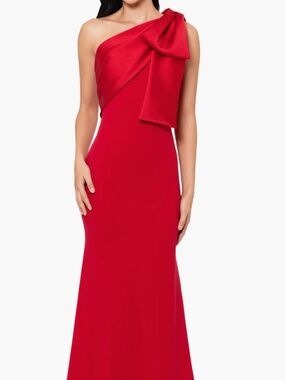 Betsy & Adam Red Bow One-Shoulder Crepe Mermaid Gown Size 8 70%OFF